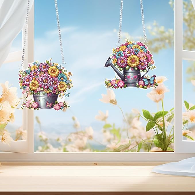 2 Pack Floral Diamond Painting Hanging Decorations – 5D DIY Flower Pot & Watering Can Wall Art, Special Shaped Diamond Art Kit with Hanging Chains, Garden-Inspired Decor for Home & Gift