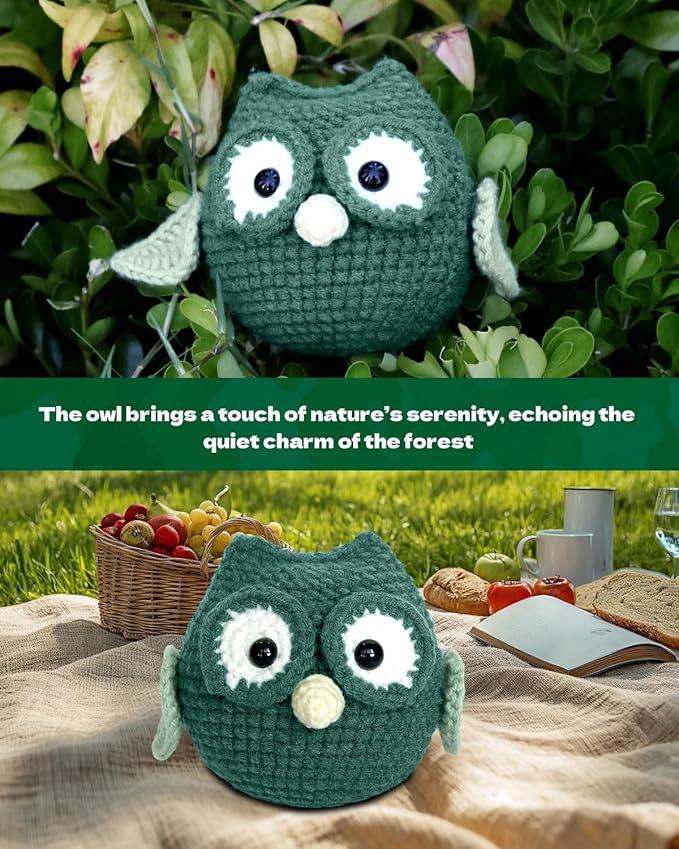 Fortilo Crochet Kit for Beginners Crochet Animals Green Owl with Step-by-Step Video Tutorials 30% Extra Yarn, Perfect for Gifts, Emotional Support, Ideal Knitting Kit for Adults, Kids