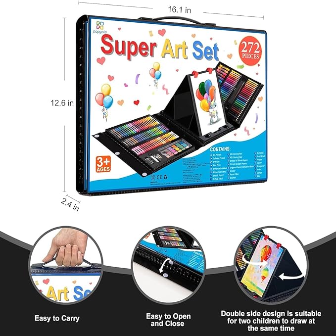Art Supplies, 272 Pack Art Set Drawing Kit for Girls Boys Teens Artist, Deluxe Gift Art Box with Trifold Easel, Origami Paper, Coloring Book, Drawing Pad, Pastels, Crayons, Pencils, Watercolors(Black)