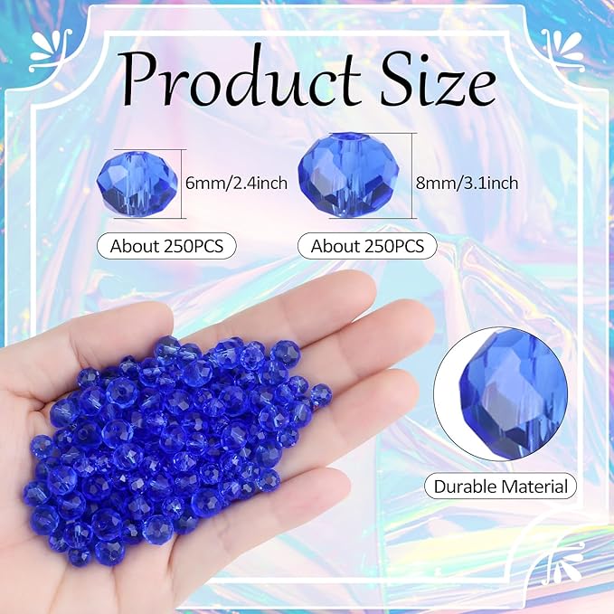 DUQGUHO Crystal Blue Beads 500 Pcs Glass Beads for Jewelry Making Loose Beads Bulk Glass Beads for Bracelets Crafts Earring 6/8mm