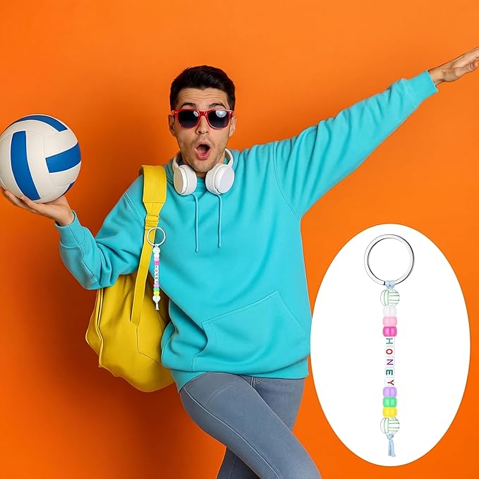 Landical 564 Pcs DIY Bead Keychain Kit Key Chain Making Craft Adjustable Letter Beads String Mama Sport Gift Alphabet Jewelry Backpack Accessories Holiday Party Favor (Volleyball,Vivid Color)
