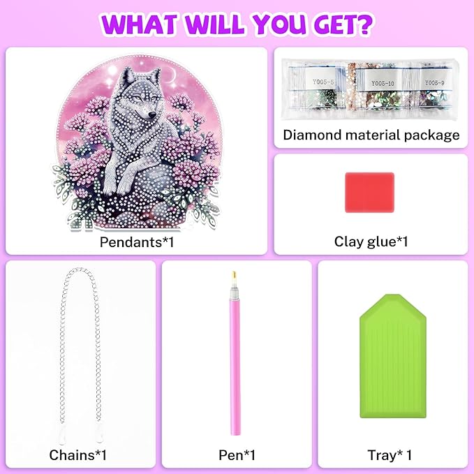 Bowetile Wolf Diamond Art Hanging Kits for Adults, 5D Special Shape Diamond Painting Flowers Pendant Kits, Gem Art Suncatchers Painting Window Ornament for Home Garden Wall Decor
