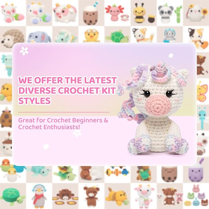 Mewaii Crochet Kit for Beginners Level 2 with 40% Extra Eco-Friendly Pre-Started Easy Yarn, Step-by-Step Video Tutorials for Adults and Kids (Pastel Unicorn)