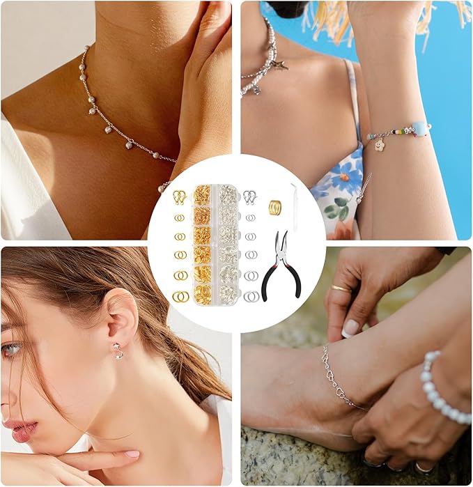 1440 pcs jump rings for jewelry making kits, silver gold jewelry jump ringsjewelry repair kit for necklaces lobster clasps diy crafts keychains repair supplies tools, with pliers/tweezers/ring