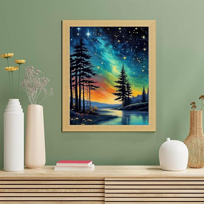 Starry Sky Paint by Numbers for Adults with Framed Canvas - with Wooden Easel, Landscape Paint by Number on Canvas, Acrylic Oil Painting Kit with Brushes Nice Gift Box for Home Wall Decor (12x16 inch)