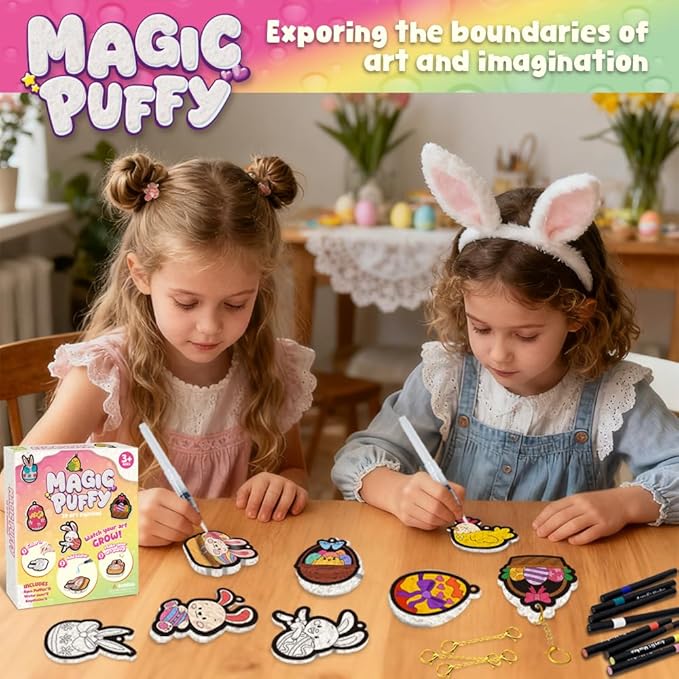 MZYTOZA Magic Foam Texture Painting Kit - 3D Art Craft Aqua Magic Puffs Paint Kit, 15 Mess-Free Paint by Number Craft for Kids (Double-Sided Aqua Magic Puffs Easter Bunny)