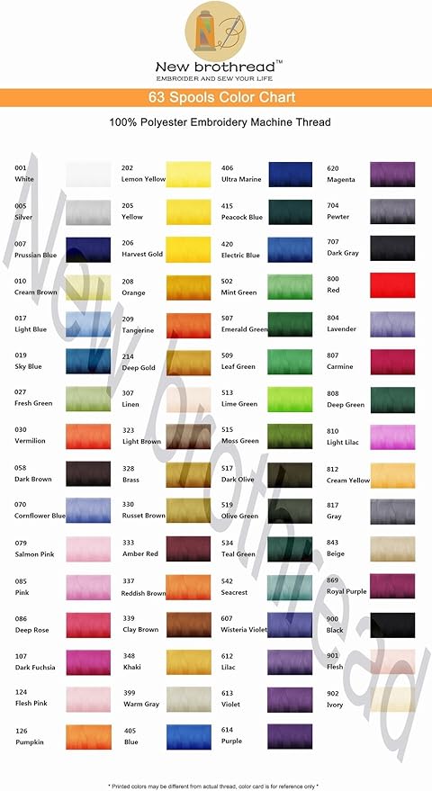 New brothread 63 Colors Compatible with Brother Polyester Embroidery Machine Thread Kit 500M (550Y) Each Spool Compatible with Brother Babylock Janome Singer Pfaff Bernina Embroidery Sewing Machine