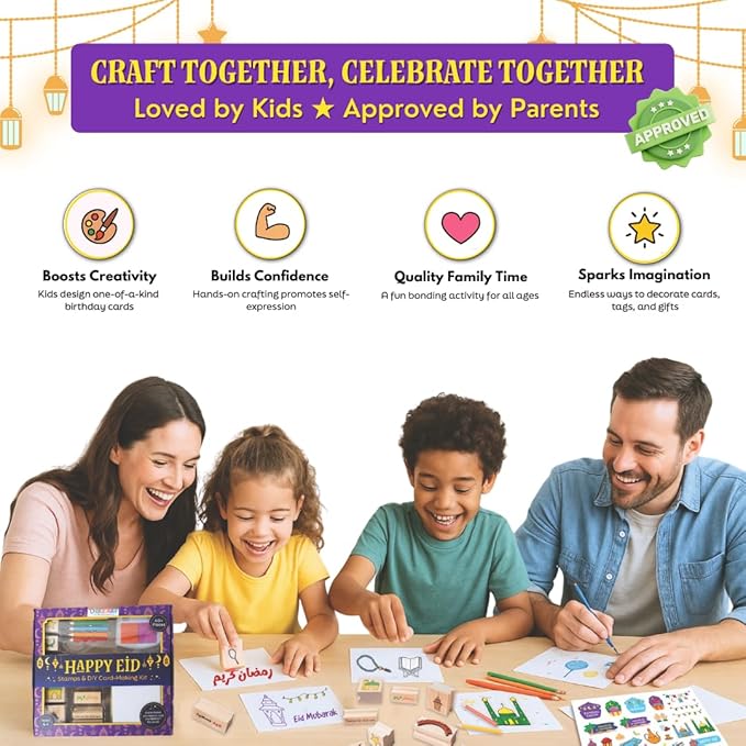 Ramadan & Eid Crafts Set with Stamps DIY Card-Making Kit for Kids 40 Pieces 11 Wooden Stamps, 12 Cards & Envelopes, 5 Pencils, Dual-Color Ink Pad, Ramadan Stickers-Islamic Gifts, Ramadan Decor