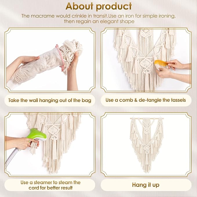 anroye macrame boho wall hanging decor, geometric woven tapestry chic cotton handmade bohemian art with long tassel, craft ornament for dorm home bedroom western room decoration gift for women