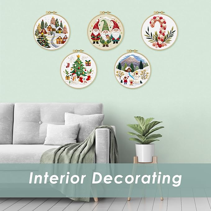 ERKOON Embroidery Kit for Beginners, 5 Sets Christmas Cross Stitch Set for Adults Include Embroidery Cloth Hoops Threads for Craft Lover Hand Stitch with Skill Techniques (Christmas#2)