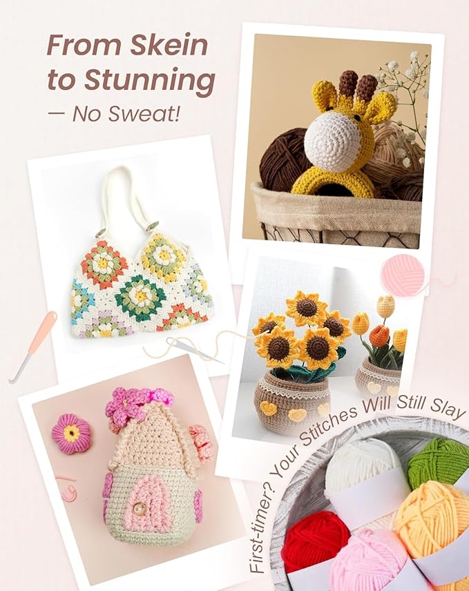 ARMINACO Crochet Kit for Beginners & Adults – 59pcs Complete Starter Set with Ergonomic Hooks (0.6-6.0mm), Yarn, Tools & Travel Bag – Craft Gift for Women, Teens & Seniors