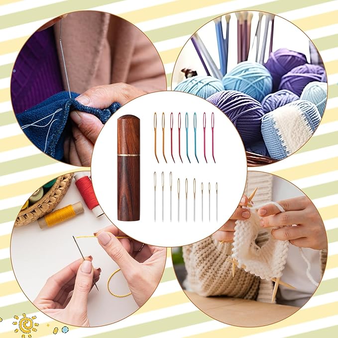 17pcs Large Eye Sewing Needles Kit, Stainless Steel Large Eye Blunt & Bent Tapestry Needles with Wooden Case for Hand Yarn Knitting and Crochet Embroidery(5 Colors)