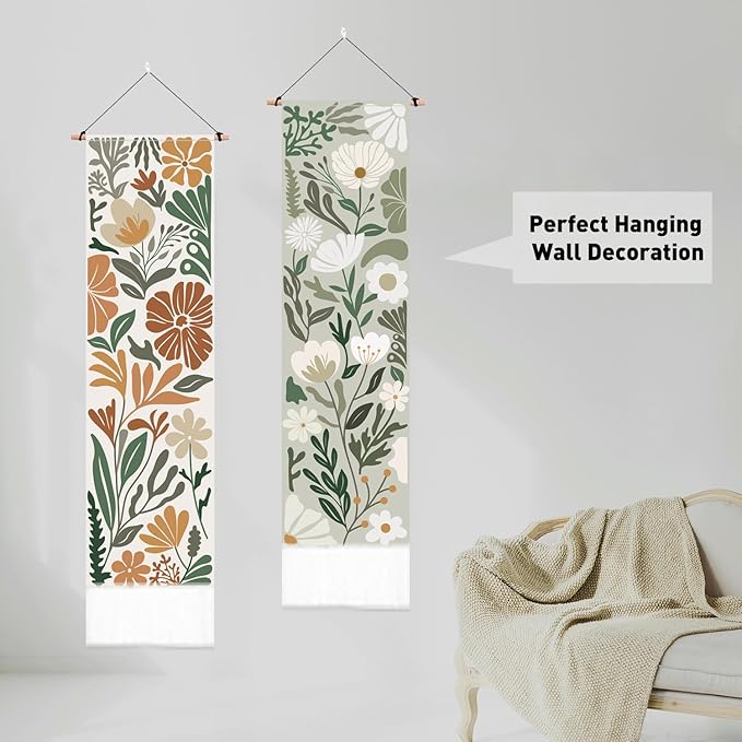 PLIGREAT 2 Pack Aesthetic Floral Botanical Wall Hanging, Boho Style Art Tapestry with Tassel Vertical Wildflower Narrow Wall Tapestry for Bedroom Living Room Bathroom Home Decor