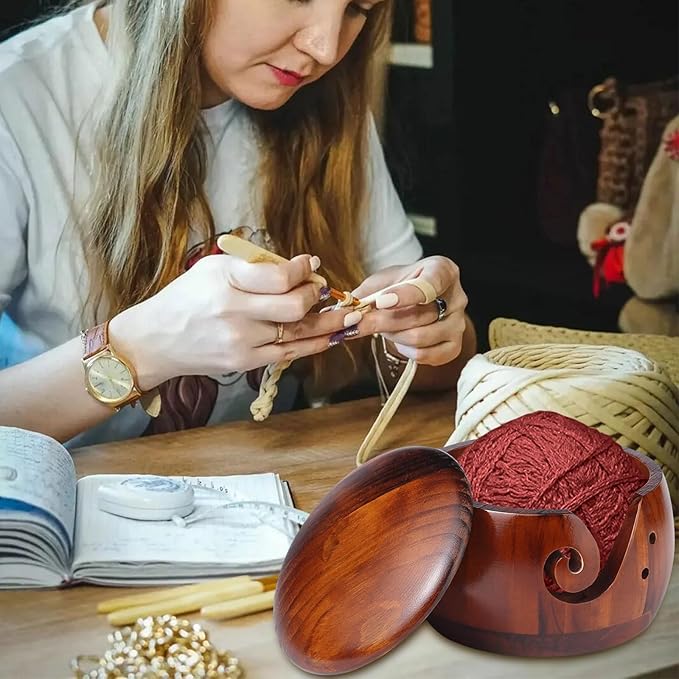 wooden yarn bowl knitting yarn bowl wooden yarn bowl with lid for yarn skeins round wooden bowl with carved holes crochet hook rests (brown)