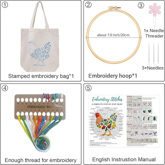 louise maelys embroidery kit canvas tote bag for beginners,cross stitch kits for adults,diy hen flowers pattern,women shopping reusable grocery bags