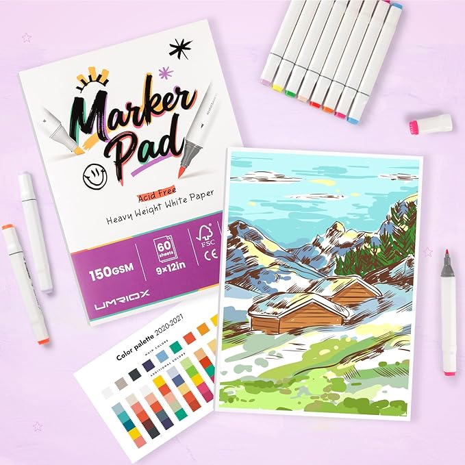 Umriox 60 Sheets Marker Paper Pad, 9"x12" Double Sided Bleedproof Art Sketchbook, 150 GSM Paper, Tape Bound Sketch Book for Alcohol Markers