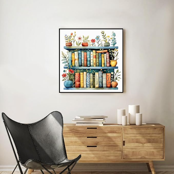 Okarina Framed Paint by Numbers Kit for Adults Beginner Bookshelf, Adult Paint by Number Kits on Canvas Framed, DIY Acrylic Oil Painting by Numbers with Frame, Book for Home Decor Gift 10 X 10 Inch