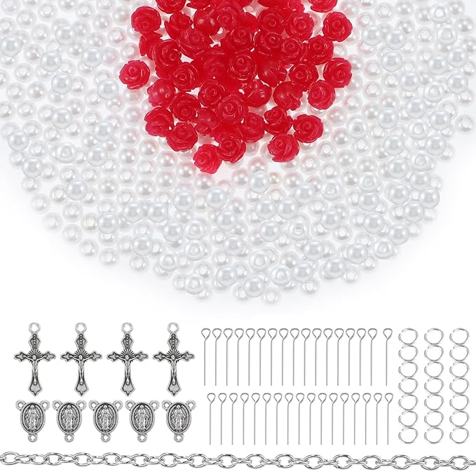 OEMOO 1410PCS Rosary Jewelry Making Kit Rosary Prayer Making Supplies Carved Rose Beads Cross Centerpiece Crucifix Medal Kit First Communion Necklace Set for Rosary Necklace Jewelry Making (White)