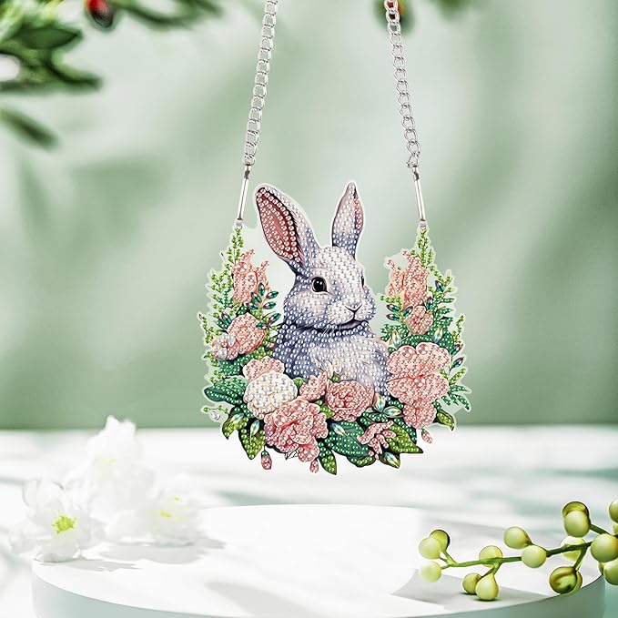 AiYuanzsh Rabbit Diamond Painting Hanging Pendant Kit, DIY 5D Acrylic Crystal Diamond Art Ornament for Window, Wall or Door, Handmade Decorative Craft Gift for Adults