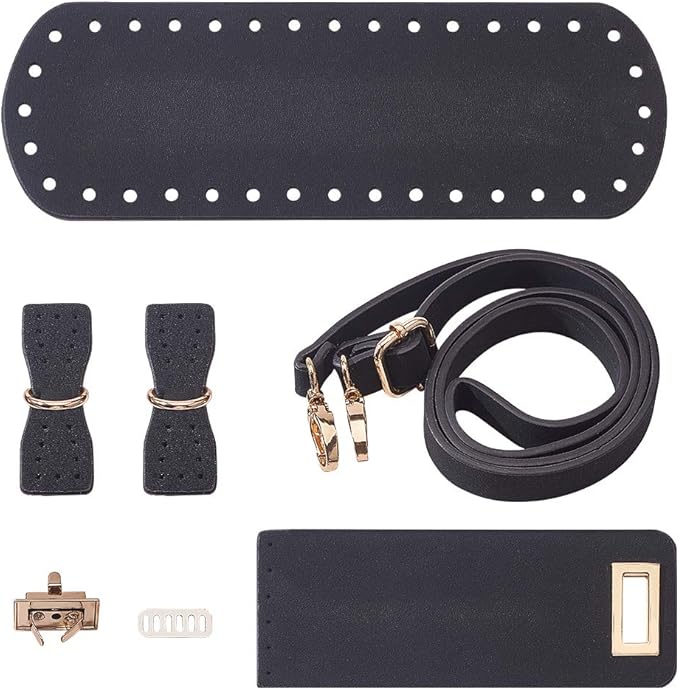 PandaHall DIY PU Leather Bag Knitting Set, Leather Bottom/26' Shoulder Strap/Bag Twist Lock/Flap Cover/Buckles for Crochet Handbag Tote, Black (7 Accessories)