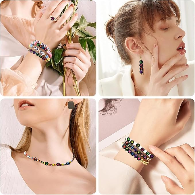 Amaney 1400pcs Colorful Letter Beads Round Alphabet A-Z Heart 4x7mm Black Acrylic Beads and Crystal Line for Jewelry Making