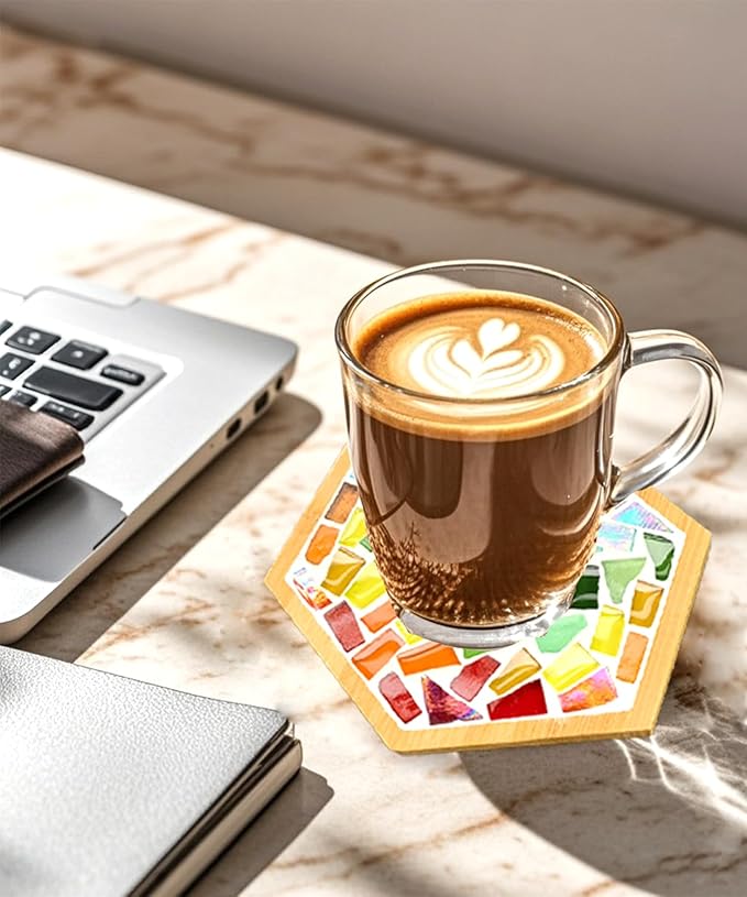 4 Sets DIY Mosaic Kits for Adults with Wooden Coasters, Mixed Color Glass Mosaic Tiles Craft Kits for Adults Women, Complete Mosaic Coaster Making Kit for Home Decor Gifts (4, Laser Style)