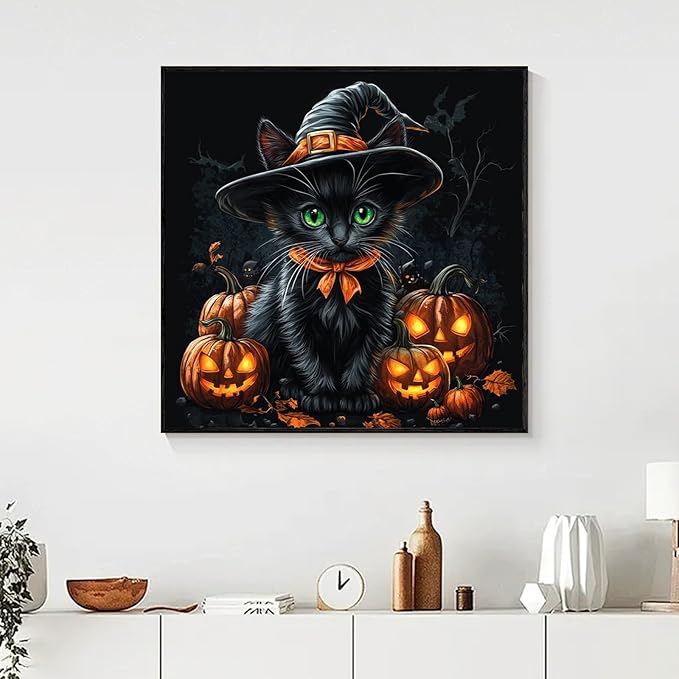 Yezavesu Halloween Diamond Art Kits for Adults, Black Cat Diamond Painting Kit for Beginners, Pumpkin 5D DIY Round Full Drill Painting with Gem Art Craft Kits for Home Wall Decor 14x14 Inch