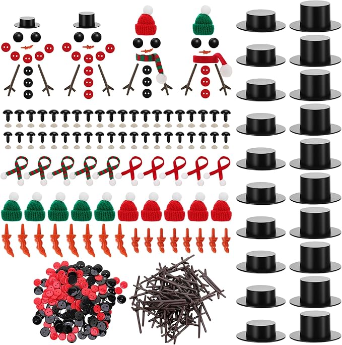 Guiqulai 520 PCS Snowman Craft Kit Snowman Hats for Crafts Christmas Carrot Noses Buttons Mini Black Magician Hats Knit Scarves Trigeminal Hand for Winter Christmas Supplies Decor, Excluding Snowmen