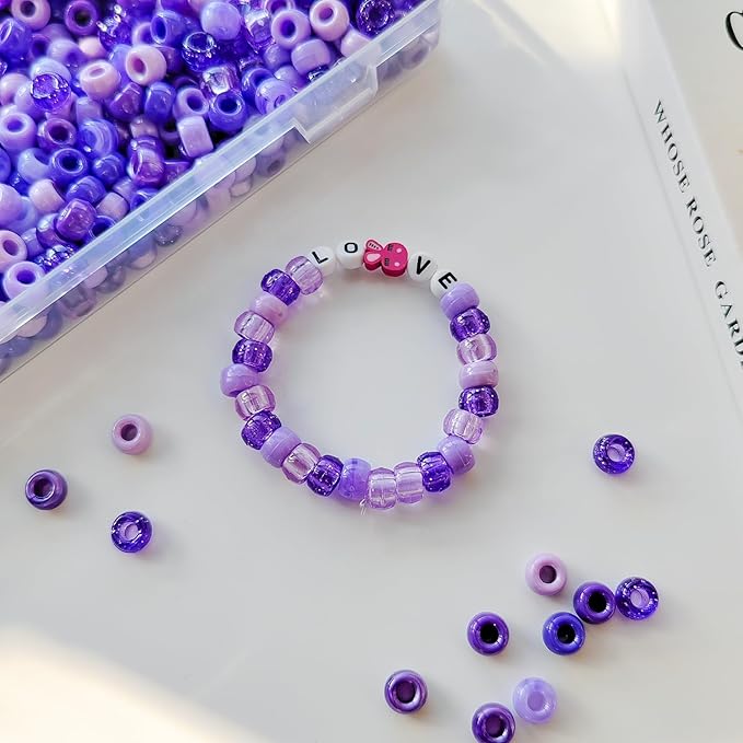 Plastic Pony Beads for Jewelry Making, 1200 Pieces, Multi-Color, 0.35 x 0.22 inch, DIY Craft Beads for Bracelets and Hair Braids (Purple)