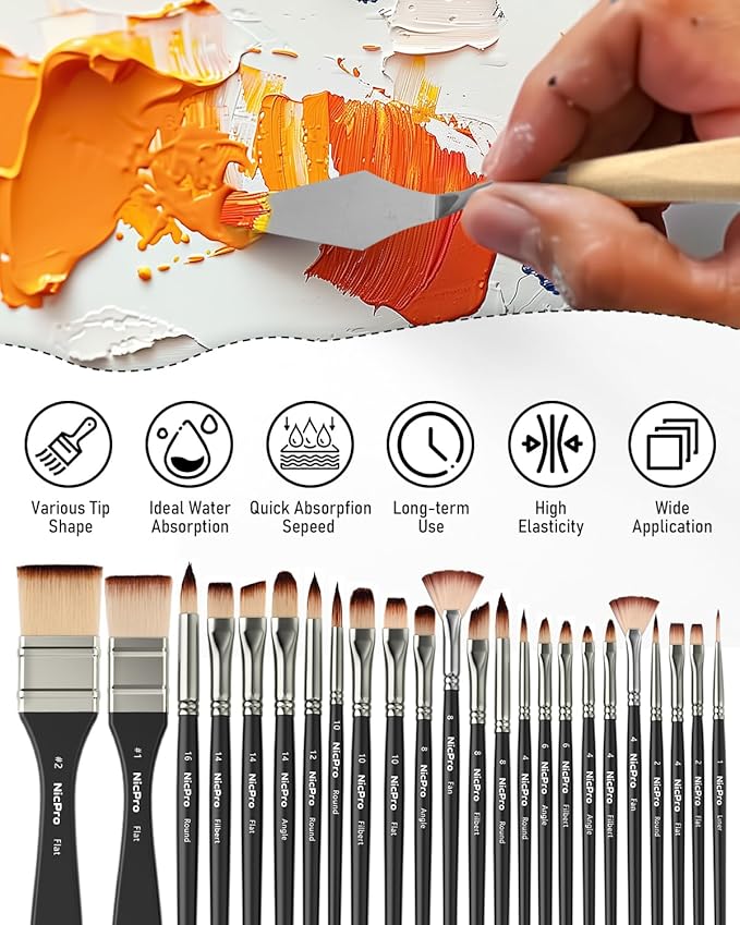 Nicpro 26pcs Paint Brush Set, Professional Paintbrushes with Palette Knife, Craft Paint Brushes for Acrylic Painting, Oil, Watercolor, Gouache & Canvas, Drawing & Art Supplies for Adults, Artists Gift