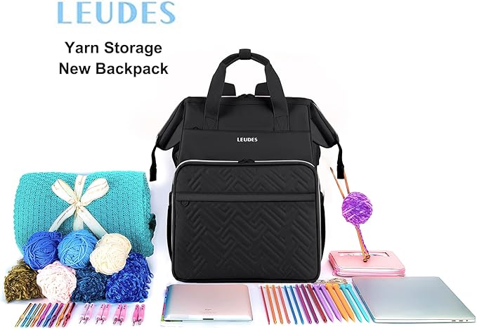Leudes Knitting Bag Backpack, Yarn Storage Organizer Large Crochet Bag Tote Christmas Gift Yarn Holder Case for Carrying Projects, Knitting Needles (Upgraded Black)