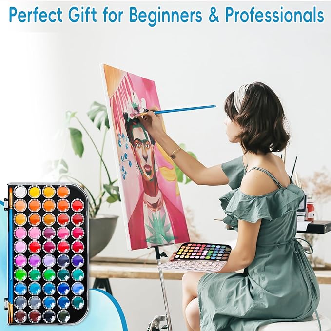 48 Color Solid Watercolor Paint Set with 3 Wooden Brushes - Non-Toxic, Vibrant & Washable Watercolor Kit for Artists, Children, Beginners, Kids - Portable Watercolor Painting Set for Travel & Studio