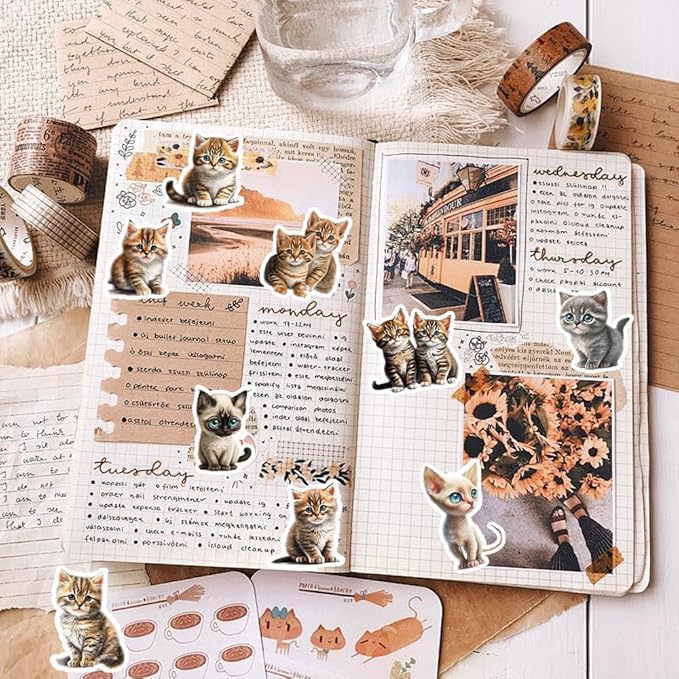 50Pcs Waterproof Vintage Stickers,Scrapbooking Supplies Kit,Aesthetic Decorative Craft Sticker for Planner, Bullet Journaling, Junk Journal, Water Bottles, Laptop, Retro Craft.Kitten