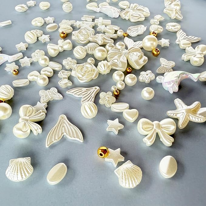 990Pcs ABS Imitation Pearl Beads for Jewelry Making, Assorted Heart Star Bow Flower Seashell Starfish Aesthetic Cute Bead for Bracelet Necklaces Earrings DIY Crafts Phone Charm Keychain