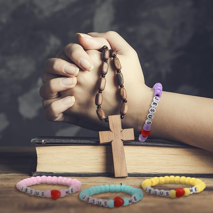 Ferreve 35 Sets Easter Pastel Religious Bead Wristband Craft Kit Jesus Love Me Faith DIY Bead Craft Kit Love Letter Charms for VBS Week Sunday School Christian Bible Verse Gifts Making