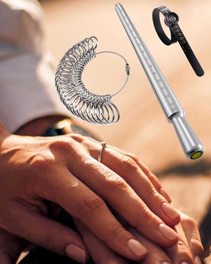 meowoo ring sizer measuring tool set, ring sizer with magnifying glass, integrated conical solid ring mandrel sizer tools for ring repair and measurement, jewelry sizing measuring, pro 3 pcs