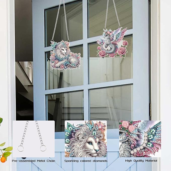 2 Pcs 5D DIY Diamond Painting Pendants – Rose-Adorned Flying Dragon & Prince-Style Lion Hanging Ornaments, Irregular Diamonds, Acrylic Wall & Window Decor, Handmade Gift Craft Kits