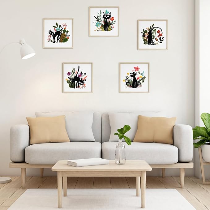 ERKOON Embroidery Kit for Beginners, 5 Sets Flower Cross Stitch Set for Adults Include Embroidery Cloth Hoops Threads for Craft Lover Hand Stitch with Skill Techniques (Black Cat)