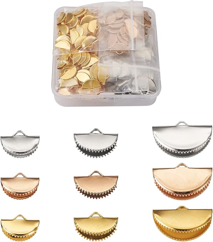 Pandahall 180Pcs Ribbon Crimp Ends 3 Sizes Half Round Bookmark Pinch Crimp Clamp End Findings Cord for Jewelry Making
