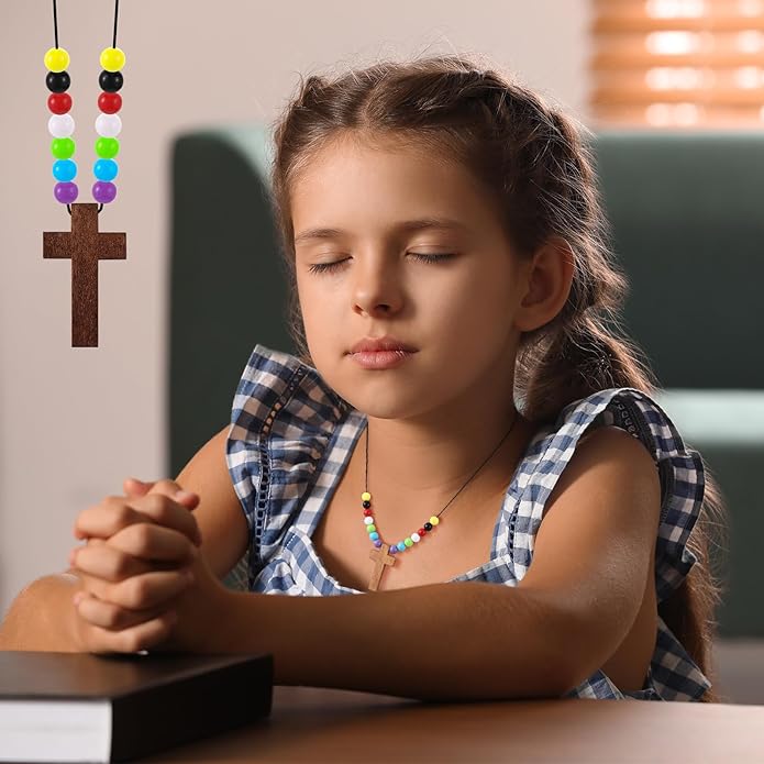 Kathfly DIY Wood Cross on Cord Pendant Necklace Sunday School Crafts for Kids Wood Cross Necklace with Colorful Beads Religious Party Favor for Vbs Church Easter Gifts
