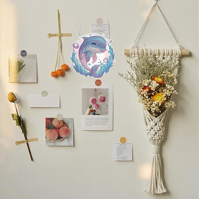 TDFERAN Diamond Painting Pendant Dolphin Mosaic Making Kits by Kits Home Decoration Pendant Diamond Peinture Hanging Diamant Painting Suncatcher Art Wind Chimes Hanging Pendants for Wall Home Decor