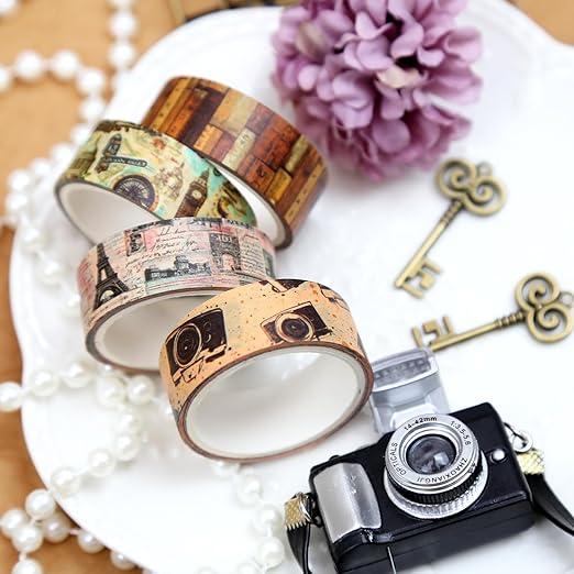 Vintage Washi Tape Set, 16 Rolls, Multicolored, 3m x 15mm, Travel Themed Designs, Ideal for Scrapbooking, Journaling, Gift Wrapping