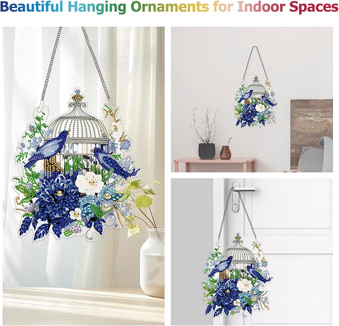 Koikify Diamond Art Pendant Floral Birdcage Diamond Painting Hanging Ornament with Double-Sided Printed Pattern Design for Home Decor & Gifts