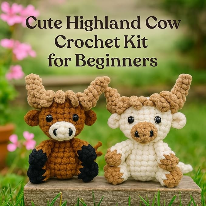 Highland Cow Crochet Kit for Beginners & Adult, Learn to Crochet Starter Set with Step-by-Step Video Tutorial & Instruction, Easy Animal Knitting Kit for Kid 12+, Fun Holiday Craft Gift