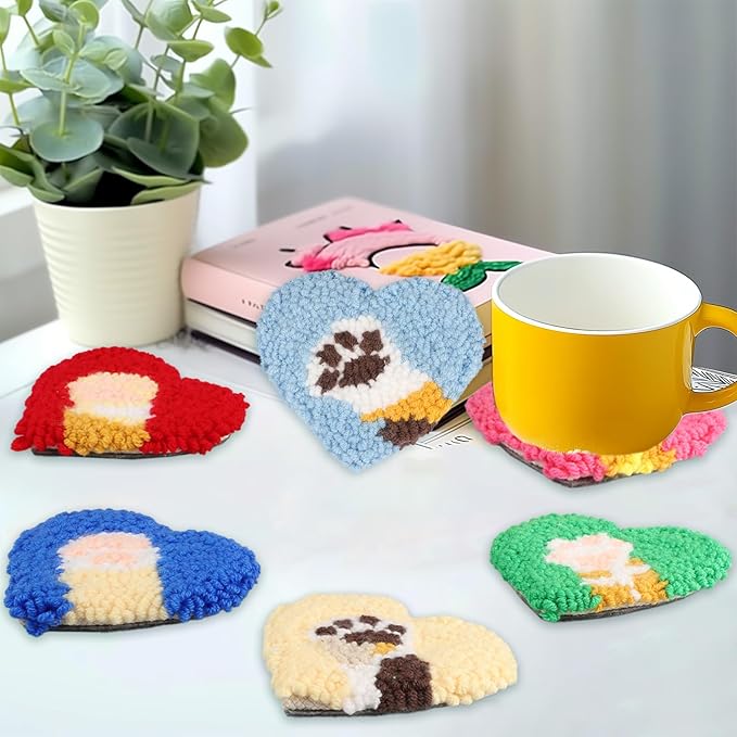 AIRDEA Punch Needle Drink Coasters Kit,Casual Punch Needle Embroidery Complete Kits for Beginner 3.29x3.29 Inches,Included All Accessories,DIY Car Coasters (Box-red Blue Beige)