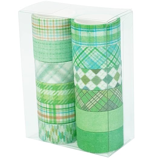 YUBX Basic Grid Washi Tape Set 12 Rolls Plaid Decorative Masking Tapes for Arts, DIY Crafts, Journals, Planners, Scrapbook, Wrapping (Green)