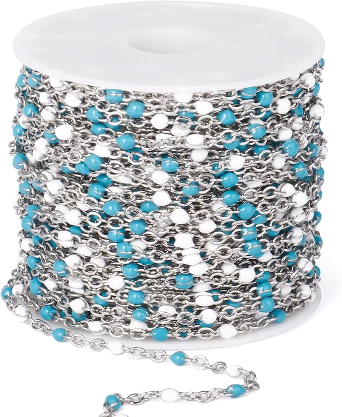 33 Feet Stainless Steel Enamel Chains Bulk, 2mm 304 Stainless Steel Blue White Enamel Beaded Cable Link Chain Roll Spool for Jewelry Making
