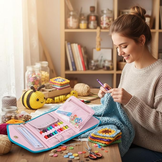 blingcute ergonomic crochet hook set with case, 82 pcs crochet starter kit (0.6–10mm), aluminum hooks with soft grip, complete crochet set for beginners & chunky yarn