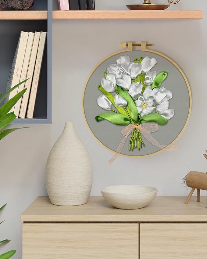 ERKOON Embroidery Kit for Beginners, Silk Ribbon Flower Cross Stitch Set for Include Embroidery Cloth Hoops Threads for Craft Lover Hand Stitch (True Confessions)