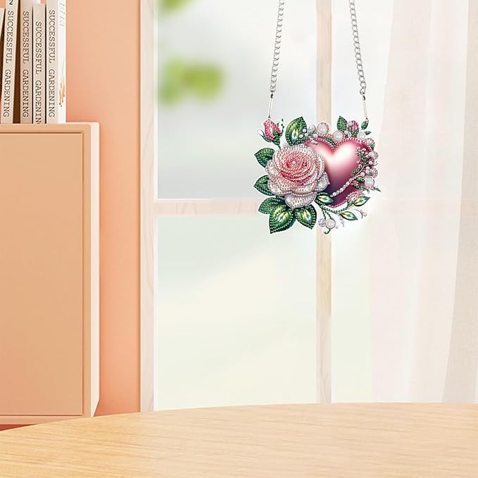 AiYuanzsh 5D Diamond Painting Hanging Pendant, DIY Rose and Heart Diamond Art Kit for Adults, Crystal Rhinestone Window Decoration, Wall and Home Ornament, Valentine’s Day Gift